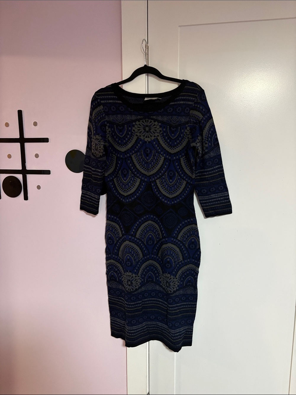 Navy Patterned Knit Sheath Dress - Women's